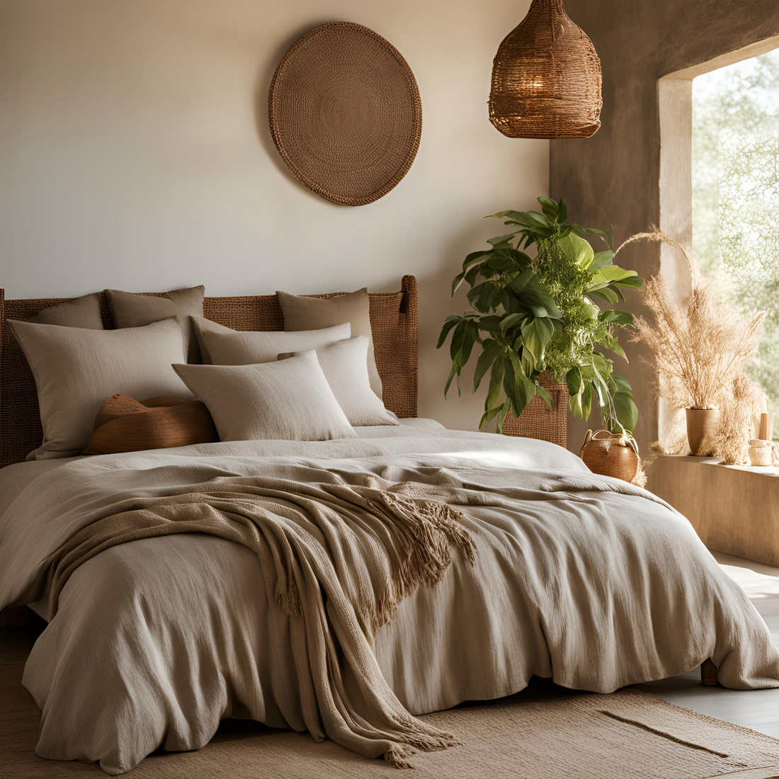 Snoozel Green Organic Linen Bedding on a Bed